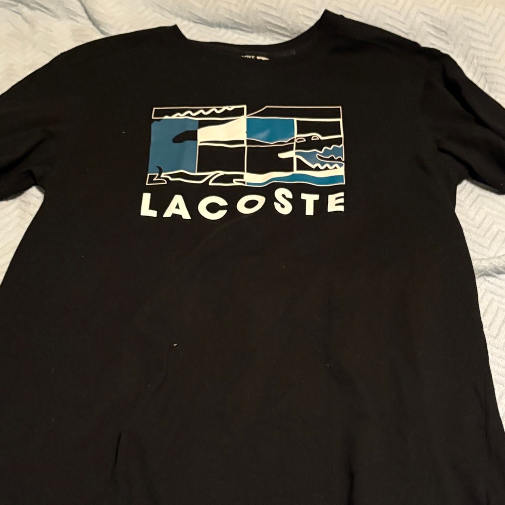 Lacoste Black Short Sleeve Tee with Blue and White Graphic